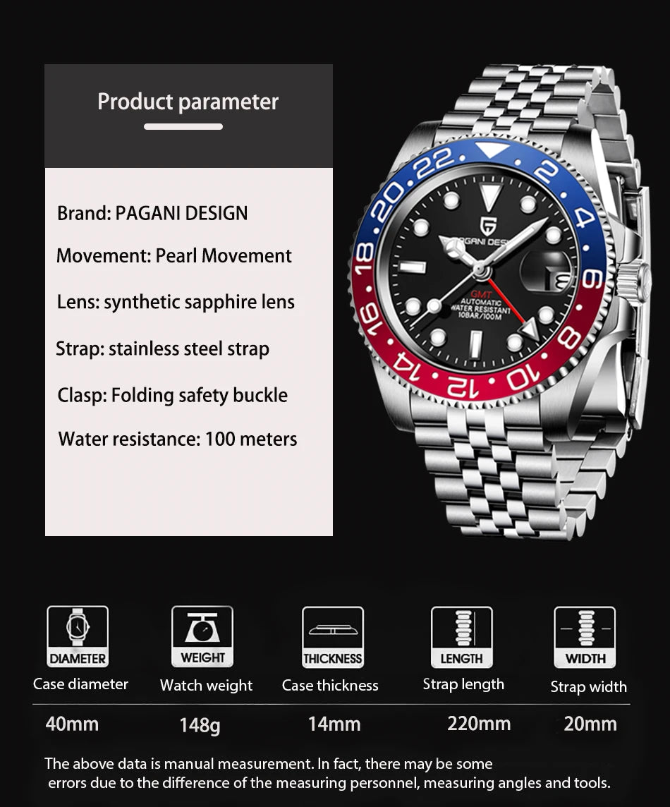 Pagani Design PD-1662 GMT Automatic Watch – 40mm Ceramic Bezel Sapphire | The Party Days | The Party Days