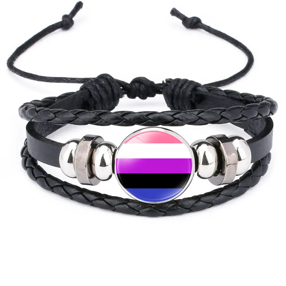 Rainbow Pride Leather Charm Bracelet – LGBT Glass Cabochon Bangle | The Party Days | The Party Days