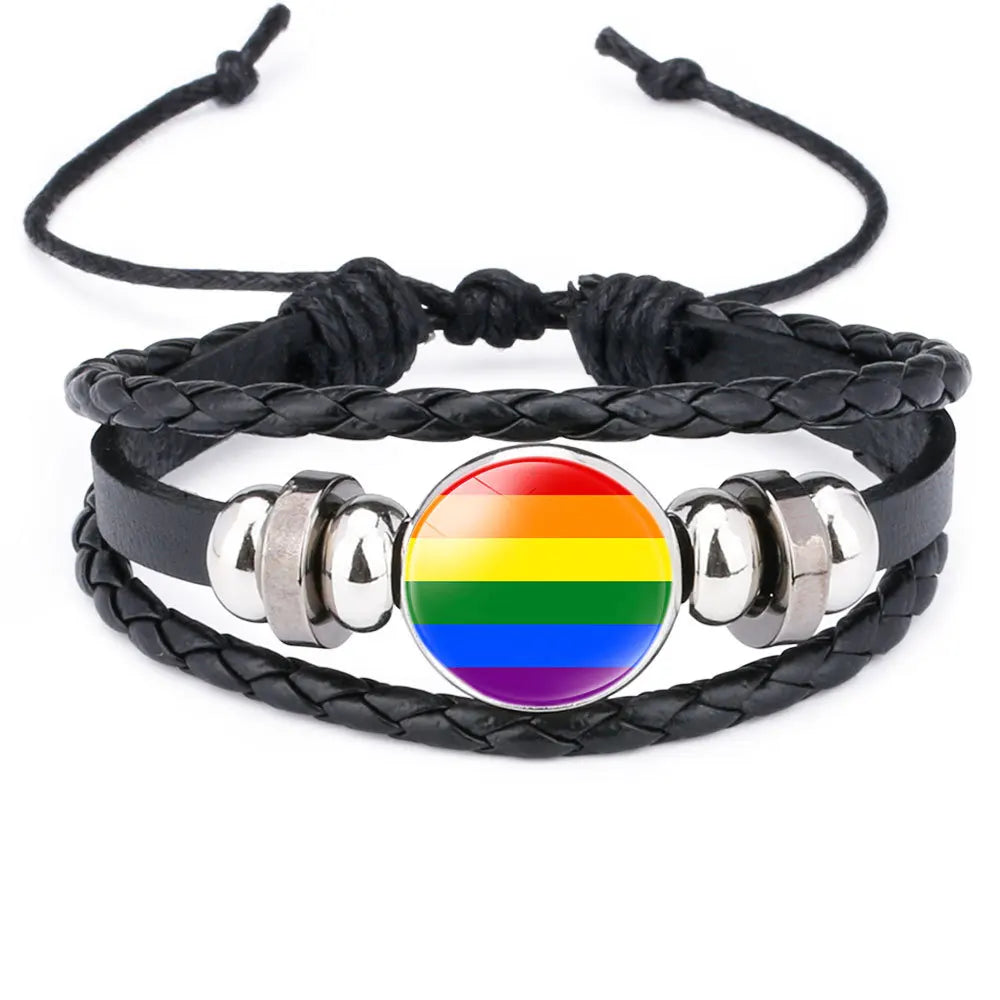 Rainbow Pride Leather Charm Bracelet – LGBT Glass Cabochon Bangle | The Party Days | The Party Days