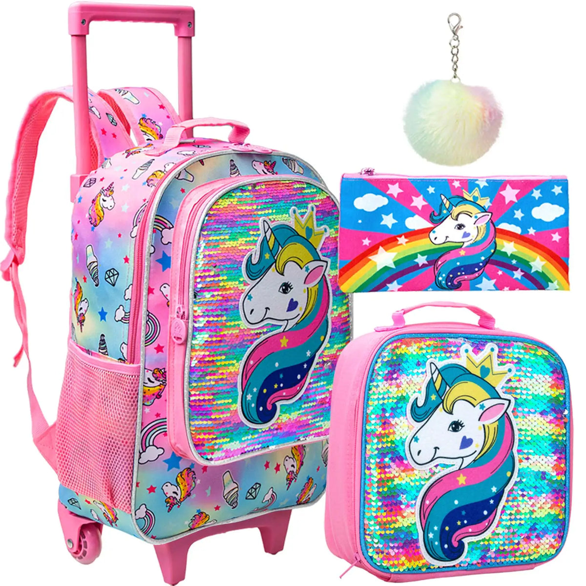 Girls Unicorn Rolling Backpack Set with Lunch Bag & Pencil Case | The Party Days | The Party Days