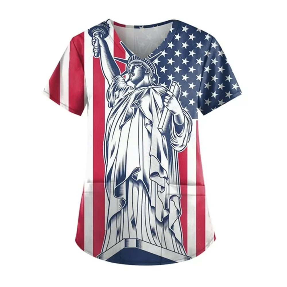 Women's 4th of July Patriotic Scrub Top – V-Neck 3D Print Independence Day Uniform Tee – The Party Days | The Party Days