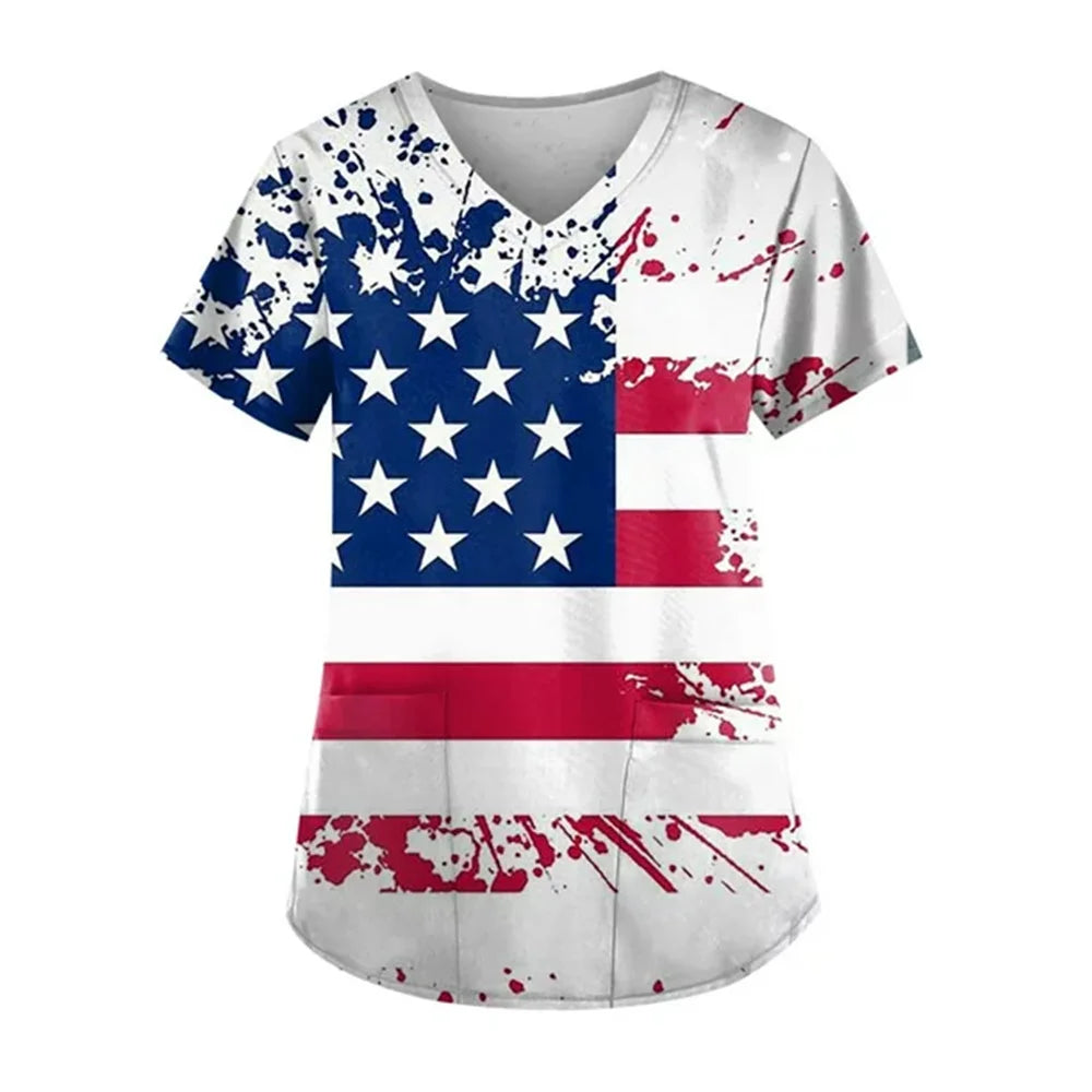 Women's 4th of July Patriotic Scrub Top – V-Neck 3D Print Independence Day Uniform Tee – The Party Days | The Party Days