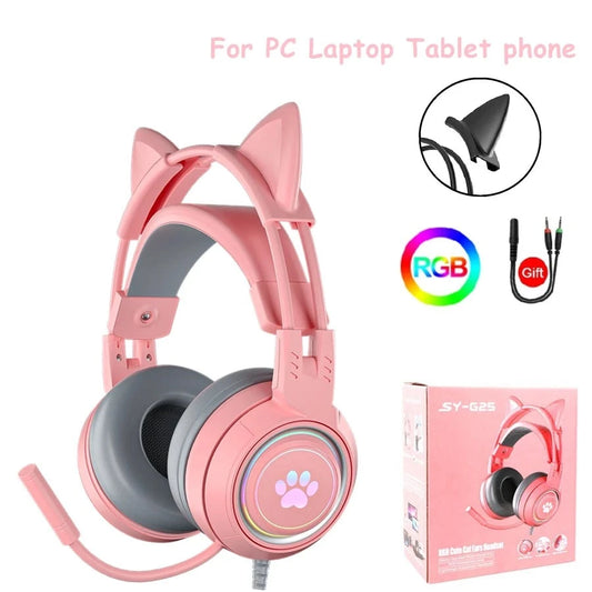 Cat Headphones with Mic for Laptop RGB LED Noise Reduced Stereo