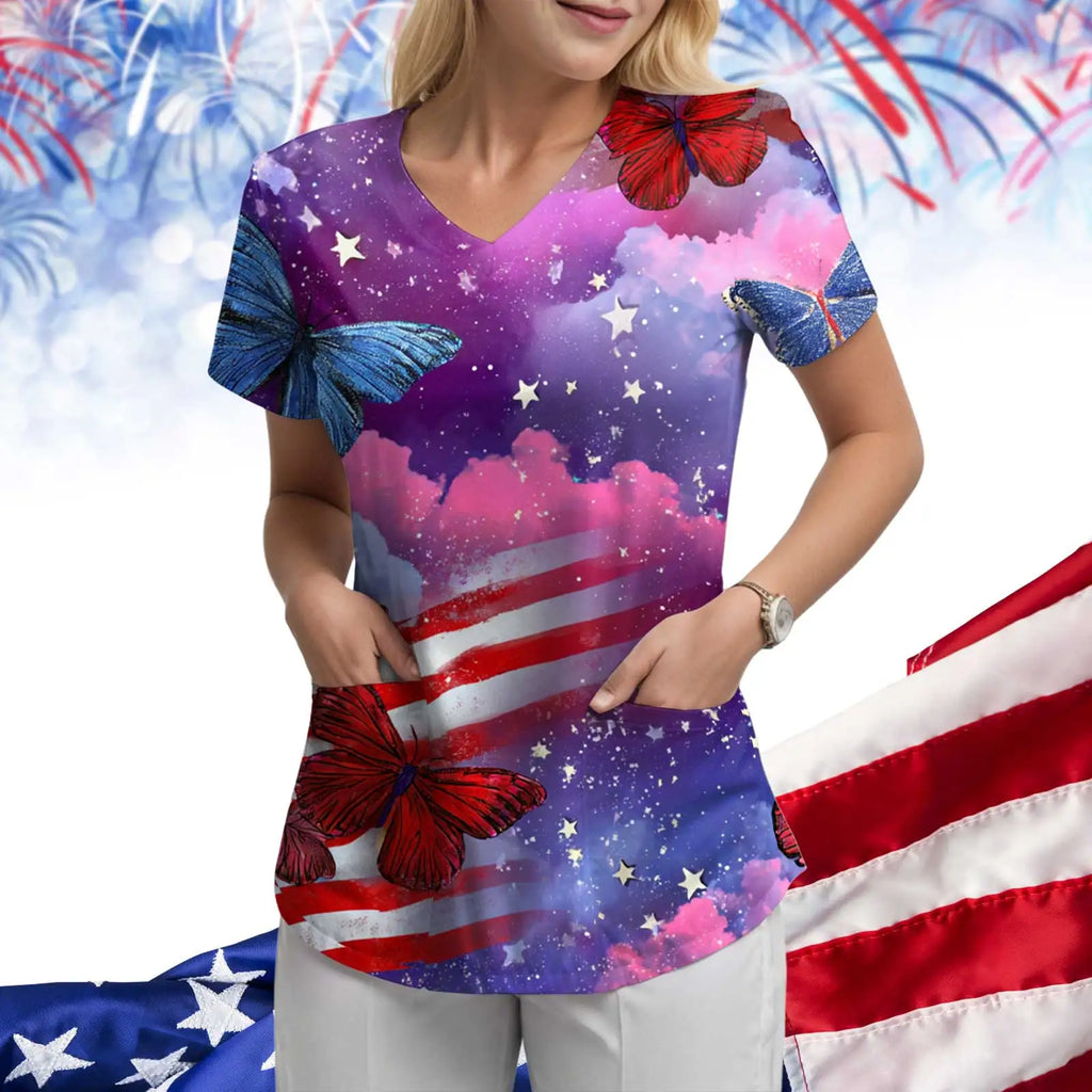 Women's 250th Anniversary Printed V-Neck Pocket T-Shirt – Casual Short Sleeve Top – The Party Days | The Party Days