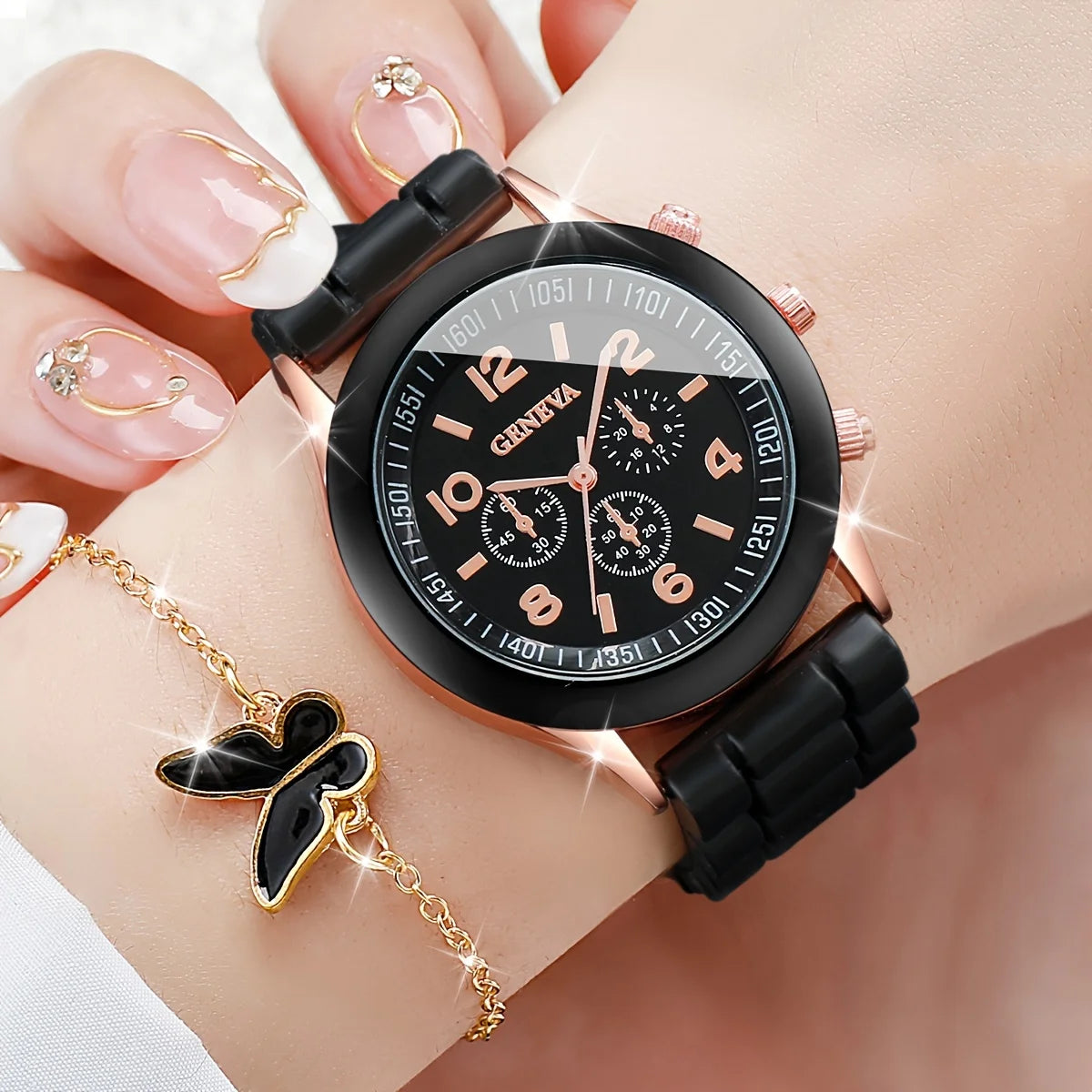 Women's 5-6 Piece Jewelry Set – Butterfly Quartz Watch + Earrings + Necklace + Bracelet + Ring | The Party Days | The Party Days