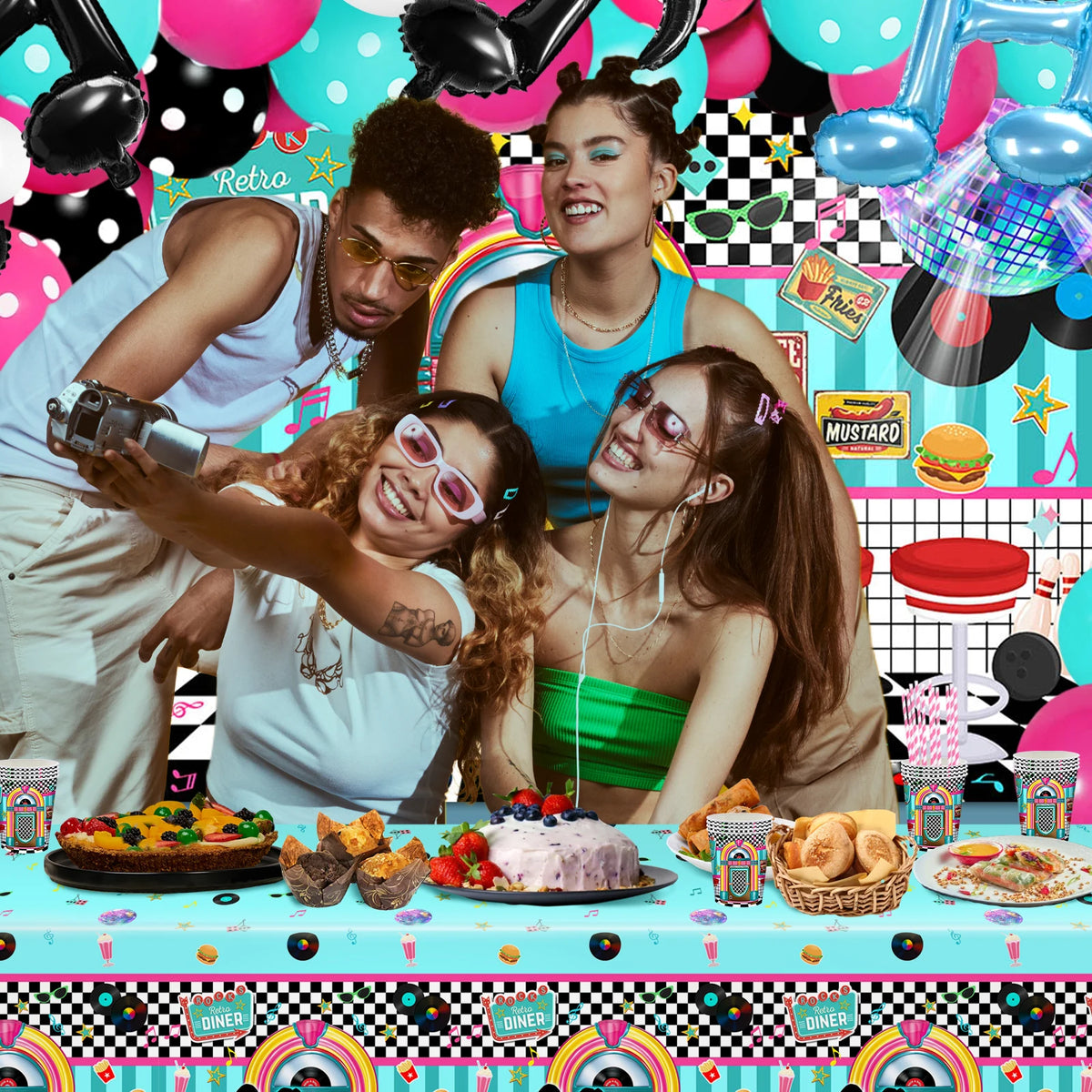 50s Themed Party Decorations Kit – 280 Pieces with Backdrop, Balloons & Tableware – The Party Days | The Party Days