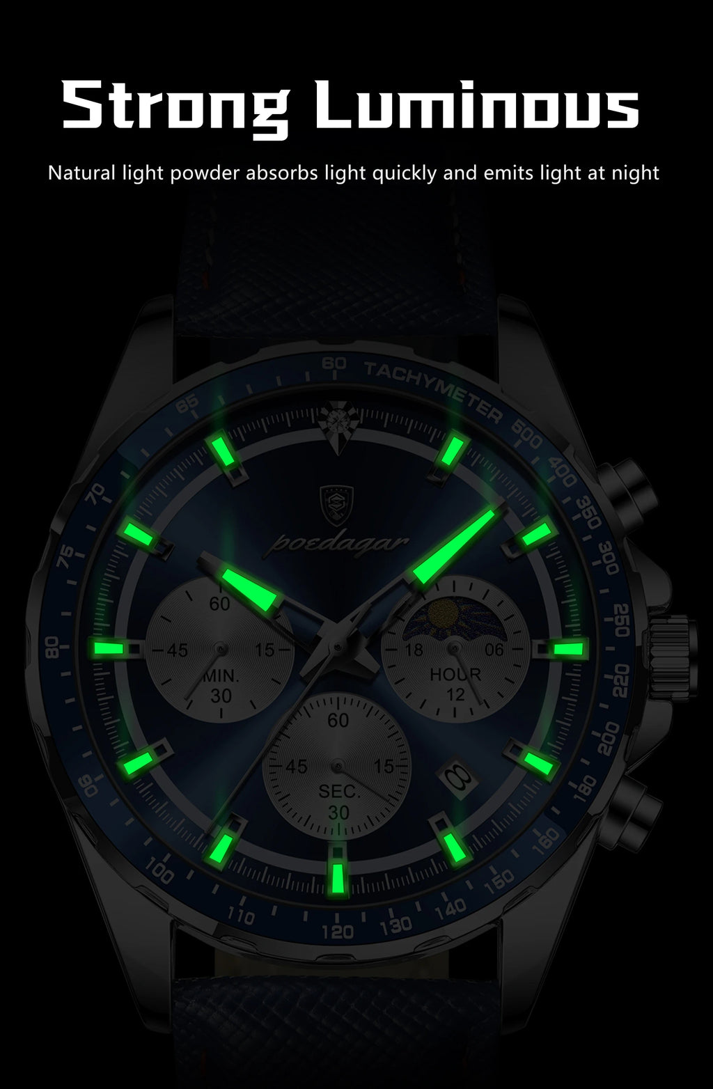 POEDAGAR 879-L Men's Quartz Chronograph Watch – Luminous Leather Strap | The Party Days | The Party Days