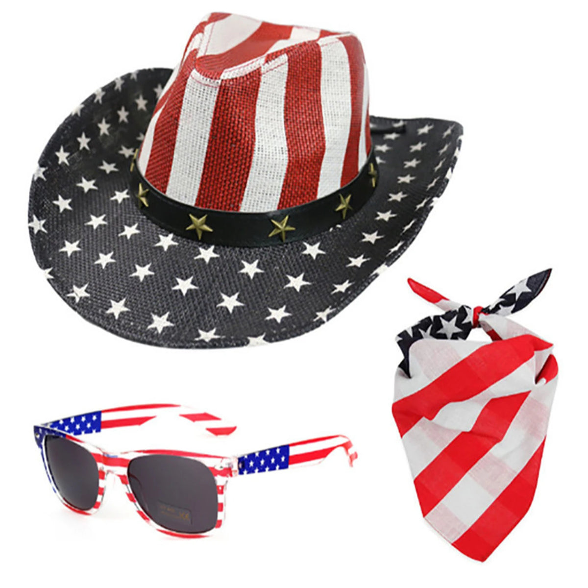 3-Piece Patriotic Set: Cowboy Hat + Sunglasses + Bandana – American Flag 4th of July | The Party Days | The Party Days