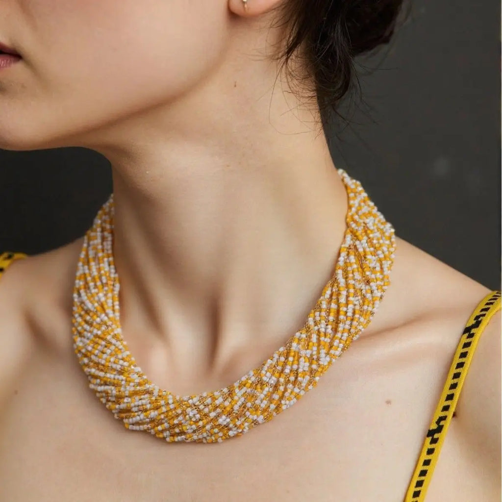 Bohemian Multilayer Rice Bead Necklace – Yellow & Orange Choker – The Party Days | The Party Days