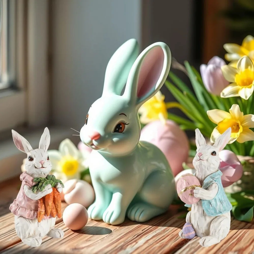 Hand-Painted Easter Bunny Figurines – Premium Resin Rabbit Decor with Carrots & Eggs – The Party Days | The Party Days
