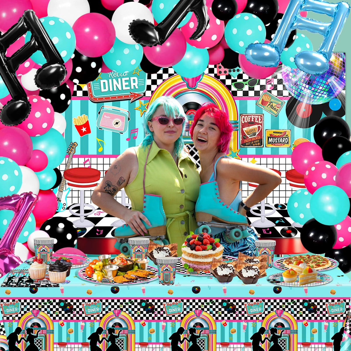 50s Themed Party Decorations Kit – 280 Pieces with Backdrop, Balloons & Tableware – The Party Days | The Party Days