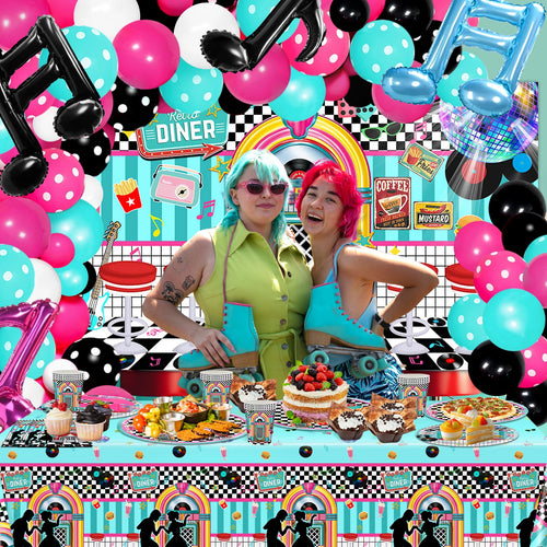 50s Themed Party Decorations Kit – 280 Pieces with Backdrop, Balloons & Tableware – The Party Days | The Party Days