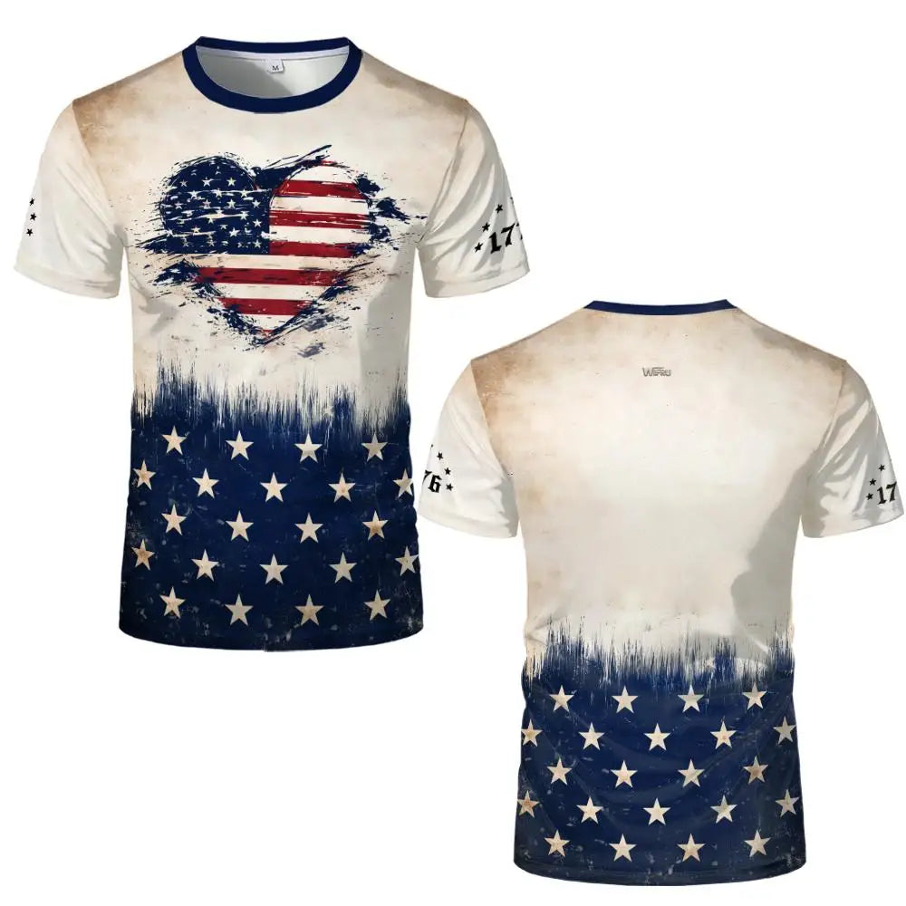 Retro American Flag 3D Print T-Shirt – Eagle & Heart Graphic Tee – Unisex Summer Streetwear – The Party Days | The Party Days