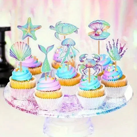 Ocean Mermaid Cupcake Toppers – 16 Pack Seashell, Starfish, Turtle & Fish Tail – The Party Days | The Party Days