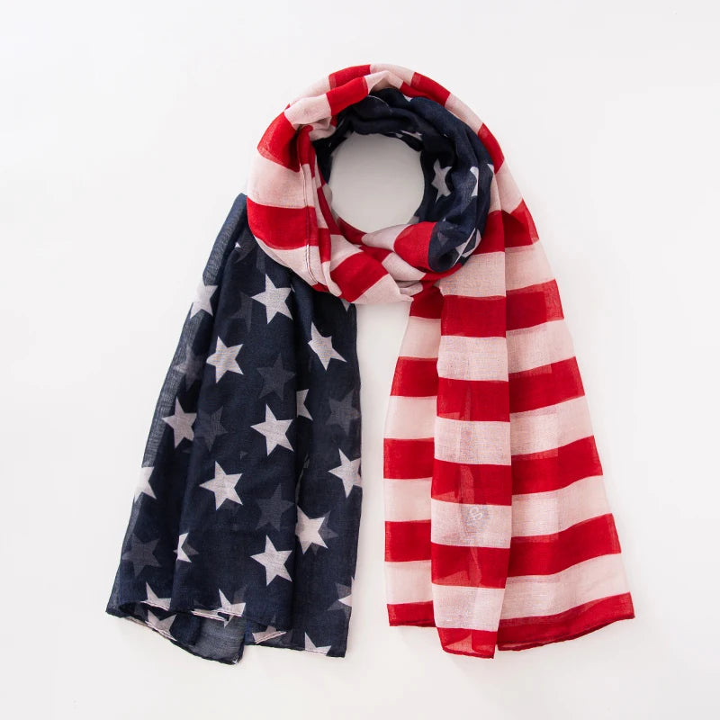 Fashion American Flag Oblong Scarfs Patriotic Stars Print Shawl Voile Soft Wrap Geometric Stripes Scarf | The Party Days | The Party Days