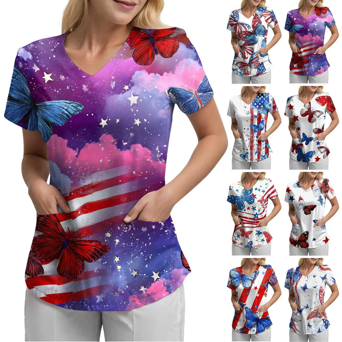 Women's 250th Anniversary Printed V-Neck Pocket T-Shirt – Casual Short Sleeve Top – The Party Days | The Party Days