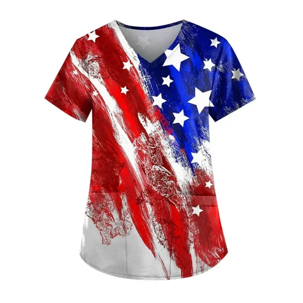 Women's 4th of July Patriotic Scrub Top – V-Neck 3D Print Independence Day Uniform Tee – The Party Days | The Party Days