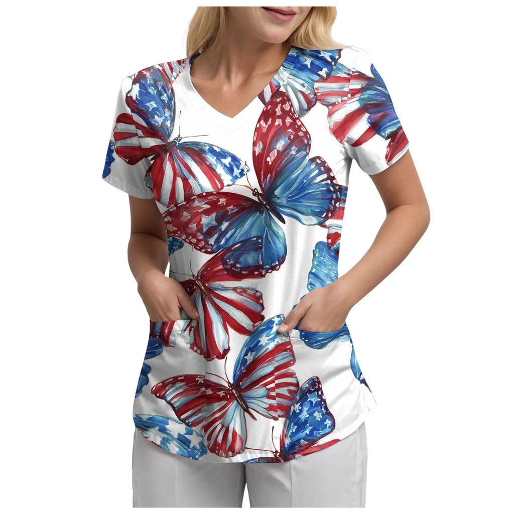 Women's 250th Anniversary Printed V-Neck Pocket T-Shirt – Casual Short Sleeve Top – The Party Days | The Party Days