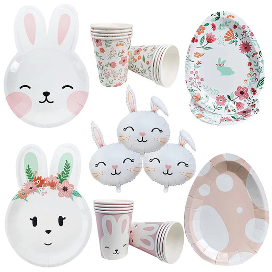 Easter Bunny & Eggs Disposable Party Tableware - Complete Plates, Cups, Napkins & Decor Set