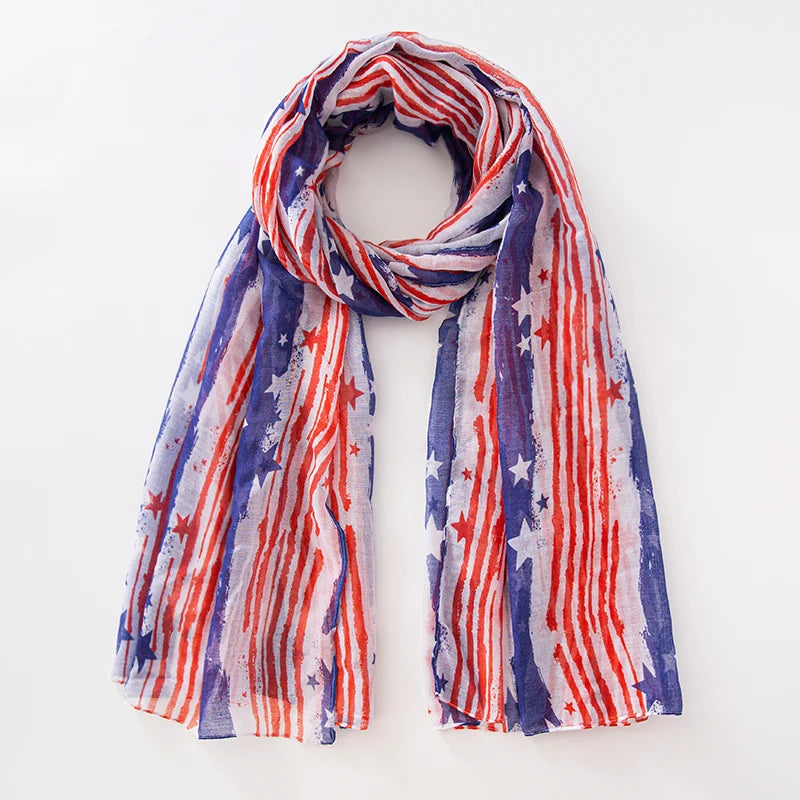 Fashion American Flag Oblong Scarfs Patriotic Stars Print Shawl Voile Soft Wrap Geometric Stripes Scarf | The Party Days | The Party Days