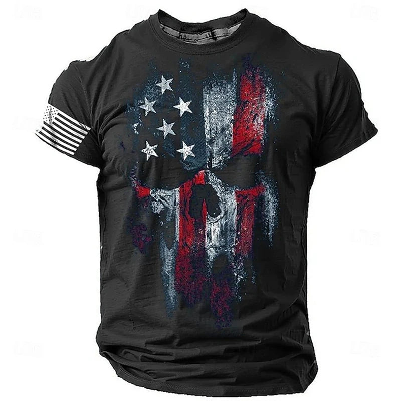 Men's 3D Skull & Retro Flag Print T-Shirt – Round Neck Short Sleeve Summer Tee – The Party Days | The Party Days