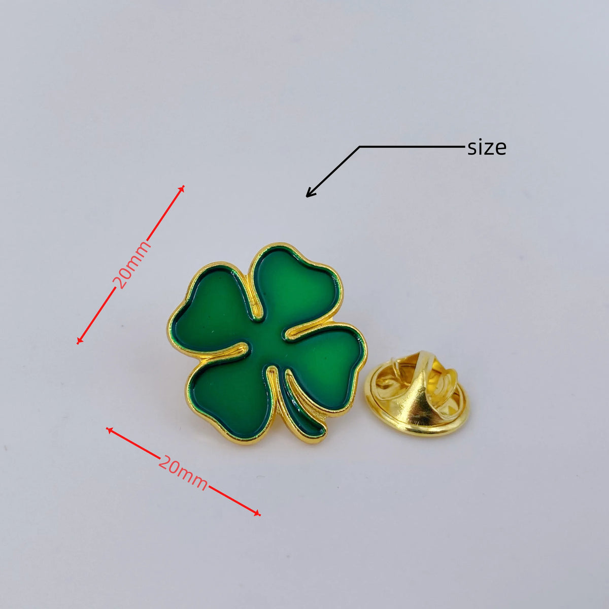 St. Patrick's Day Four-Leaf Clover Pin – Green & Gold Metal Brooch – The Party Days | The Party Days