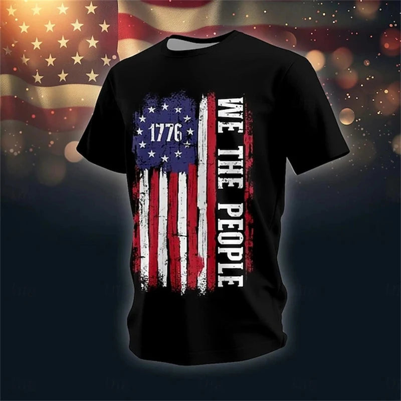 Men's 3D Skull & Retro Flag Print T-Shirt – Round Neck Short Sleeve Summer Tee – The Party Days | The Party Days