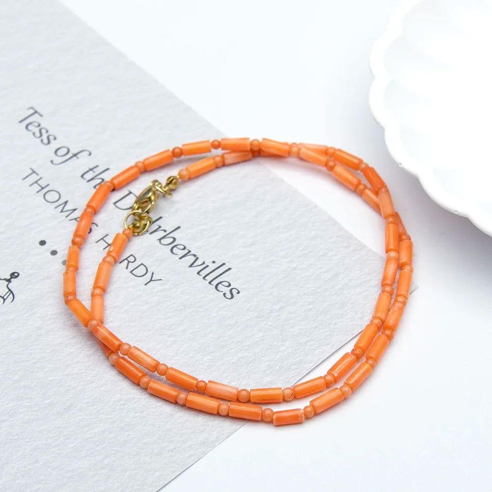 Natural Orange Coral Cylinder Bead Necklace – 3x7mm with Round Spacers – The Party Days | The Party Days