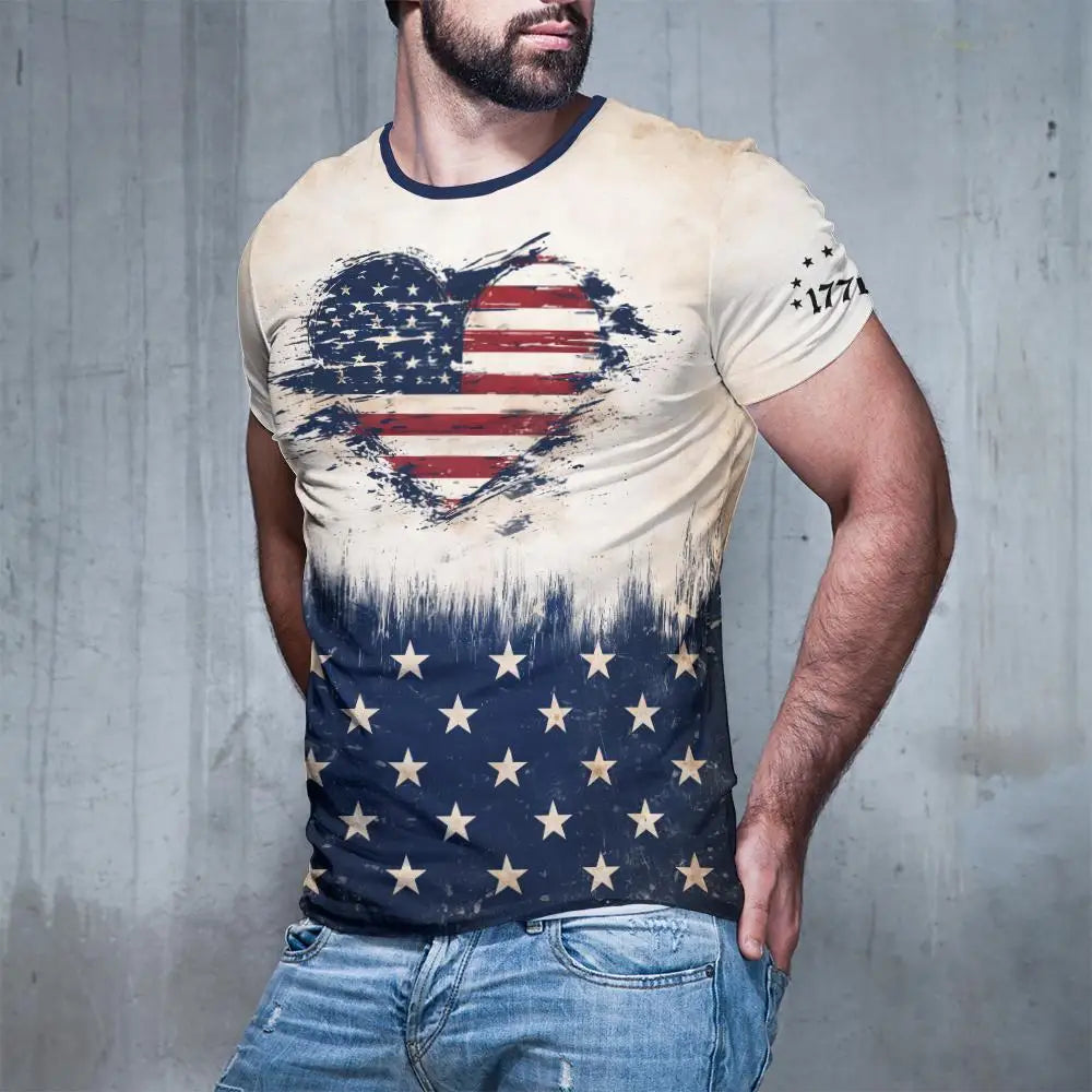 Retro American Flag 3D Print T-Shirt – Eagle & Heart Graphic Tee – Unisex Summer Streetwear – The Party Days | The Party Days