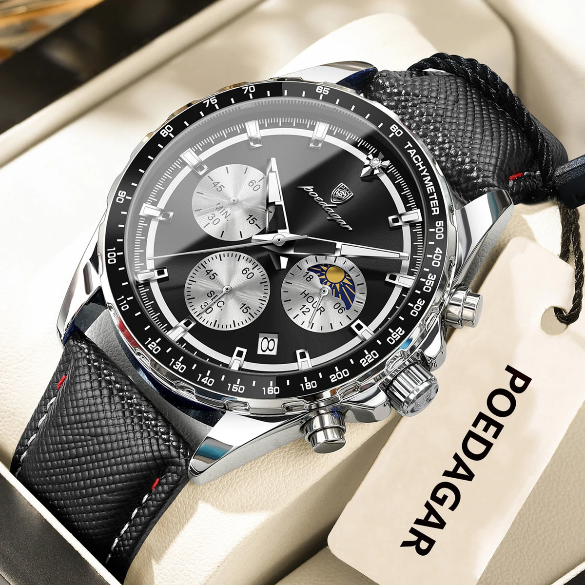 POEDAGAR 879-L Men's Quartz Chronograph Watch – Luminous Leather Strap | The Party Days | The Party Days