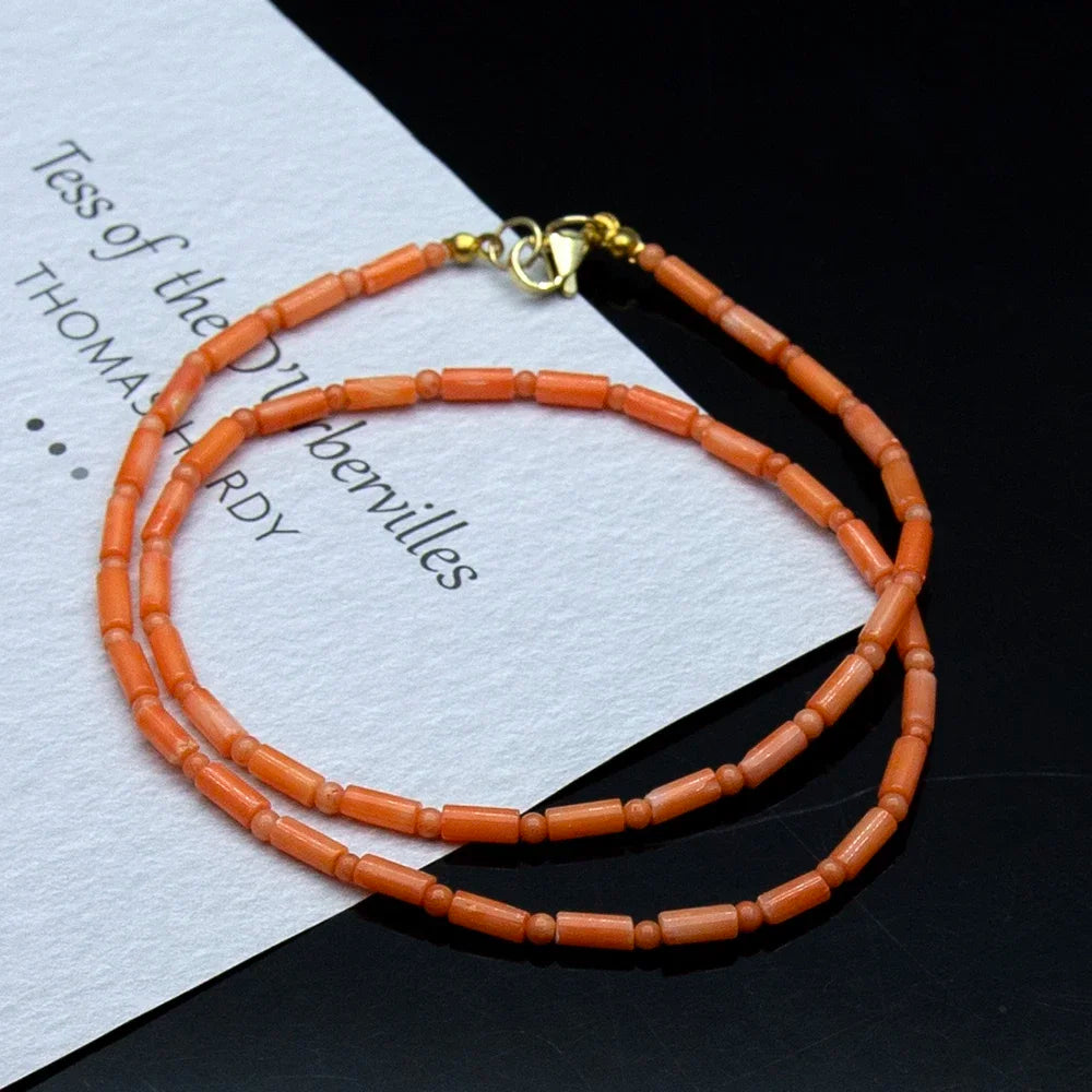 Natural Orange Coral Cylinder Bead Necklace – 3x7mm with Round Spacers – The Party Days | The Party Days