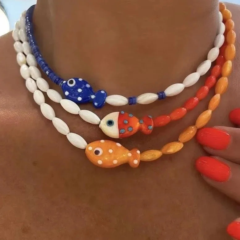 Orange Ceramic Fish & Starfish Necklace – Summer Beach Jewelry – The Party Days | The Party Days