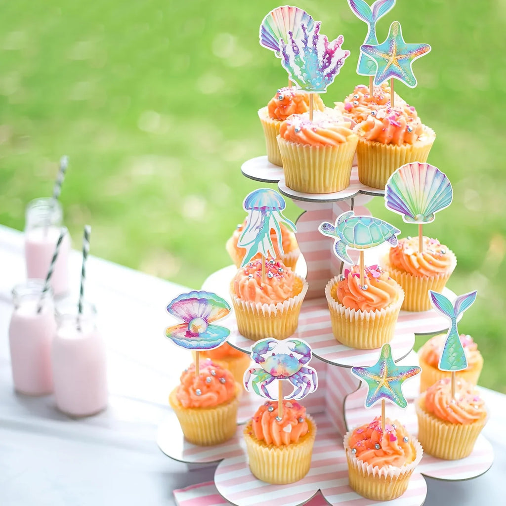 Ocean Mermaid Cupcake Toppers – 16 Pack Seashell, Starfish, Turtle & Fish Tail – The Party Days | The Party Days