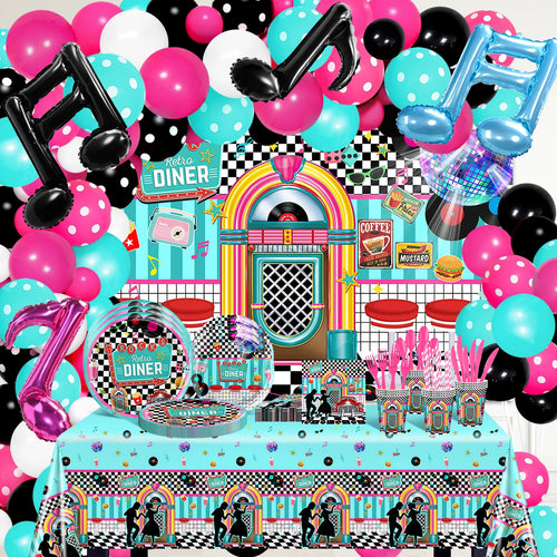 50s Themed Party Decorations Kit – 280 Pieces with Backdrop, Balloons & Tableware – The Party Days | The Party Days