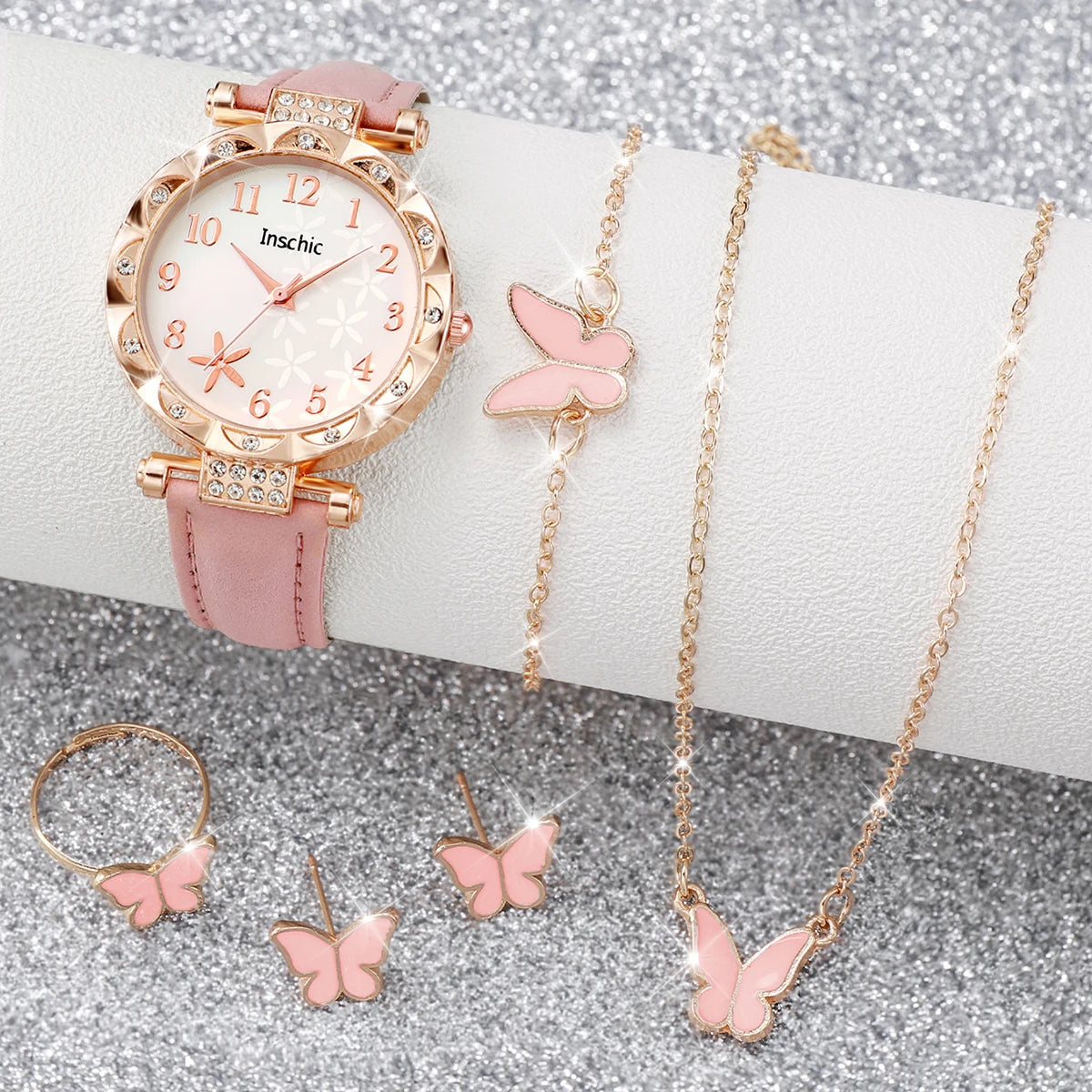 Women's 6 Piece Jewelry Set – Floral Quartz Watch + Earrings + Necklace + Bracelet + Ring | The Party Days | The Party Days