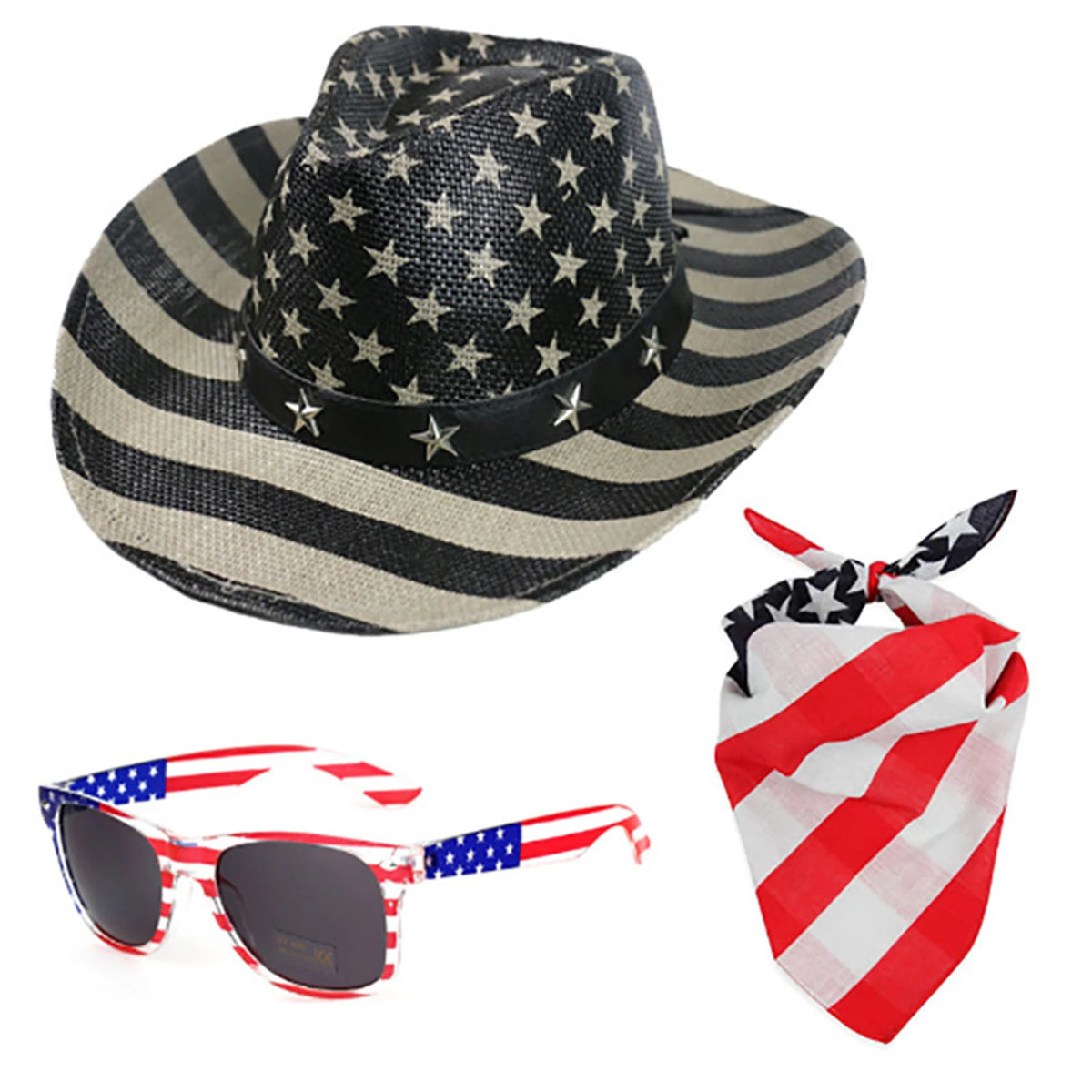 3-Piece Patriotic Set: Cowboy Hat + Sunglasses + Bandana – American Flag 4th of July | The Party Days | The Party Days