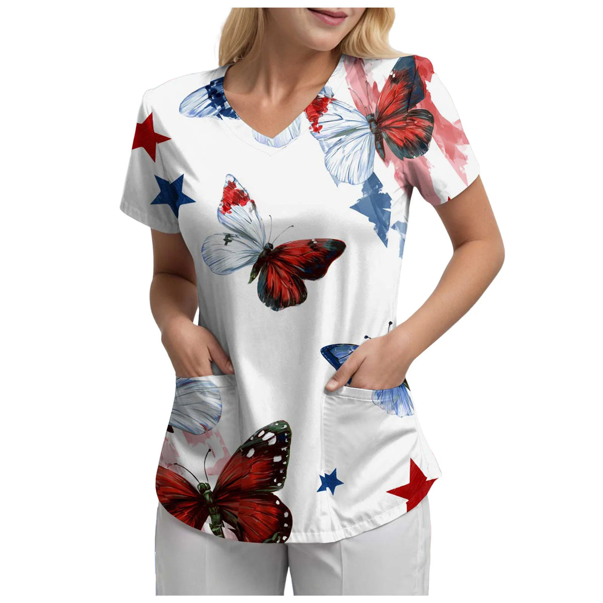 Women's 250th Anniversary Printed V-Neck Pocket T-Shirt – Casual Short Sleeve Top – The Party Days | The Party Days