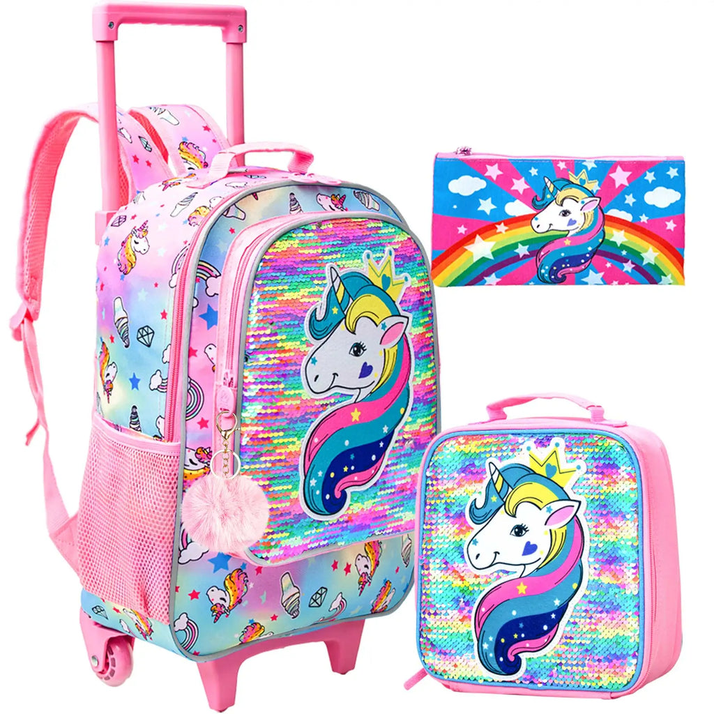 Girls Unicorn Rolling Backpack Set with Lunch Bag & Pencil Case | The Party Days | The Party Days