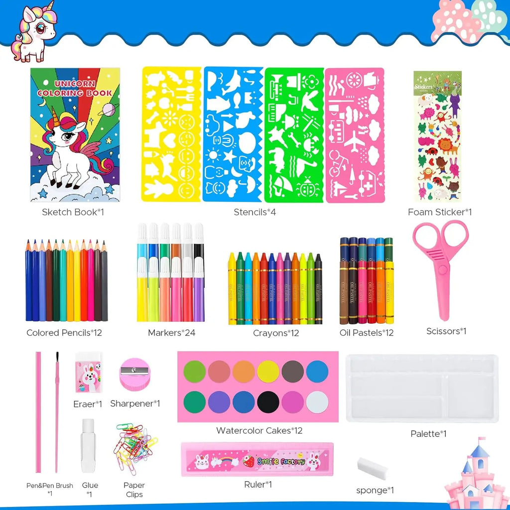 Unicorn Drawing & Art Kit 86 Pieces | Markers, Pencils & Coloring Book | The Party Days | The Party Days