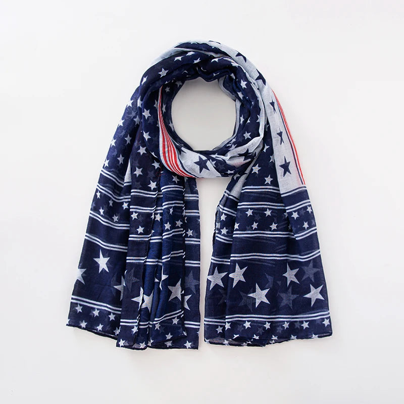 Fashion American Flag Oblong Scarfs Patriotic Stars Print Shawl Voile Soft Wrap Geometric Stripes Scarf | The Party Days | The Party Days