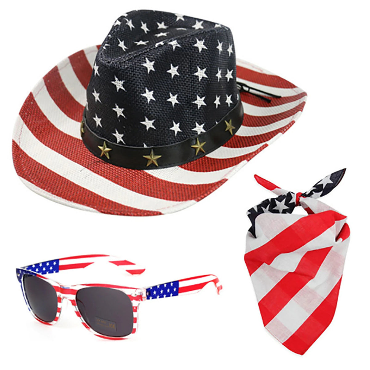 3-Piece Patriotic Set: Cowboy Hat + Sunglasses + Bandana – American Flag 4th of July | The Party Days | The Party Days