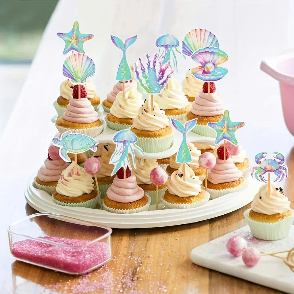 Ocean Mermaid Cupcake Toppers – 16 Pack Seashell, Starfish, Turtle & Fish Tail – The Party Days | The Party Days