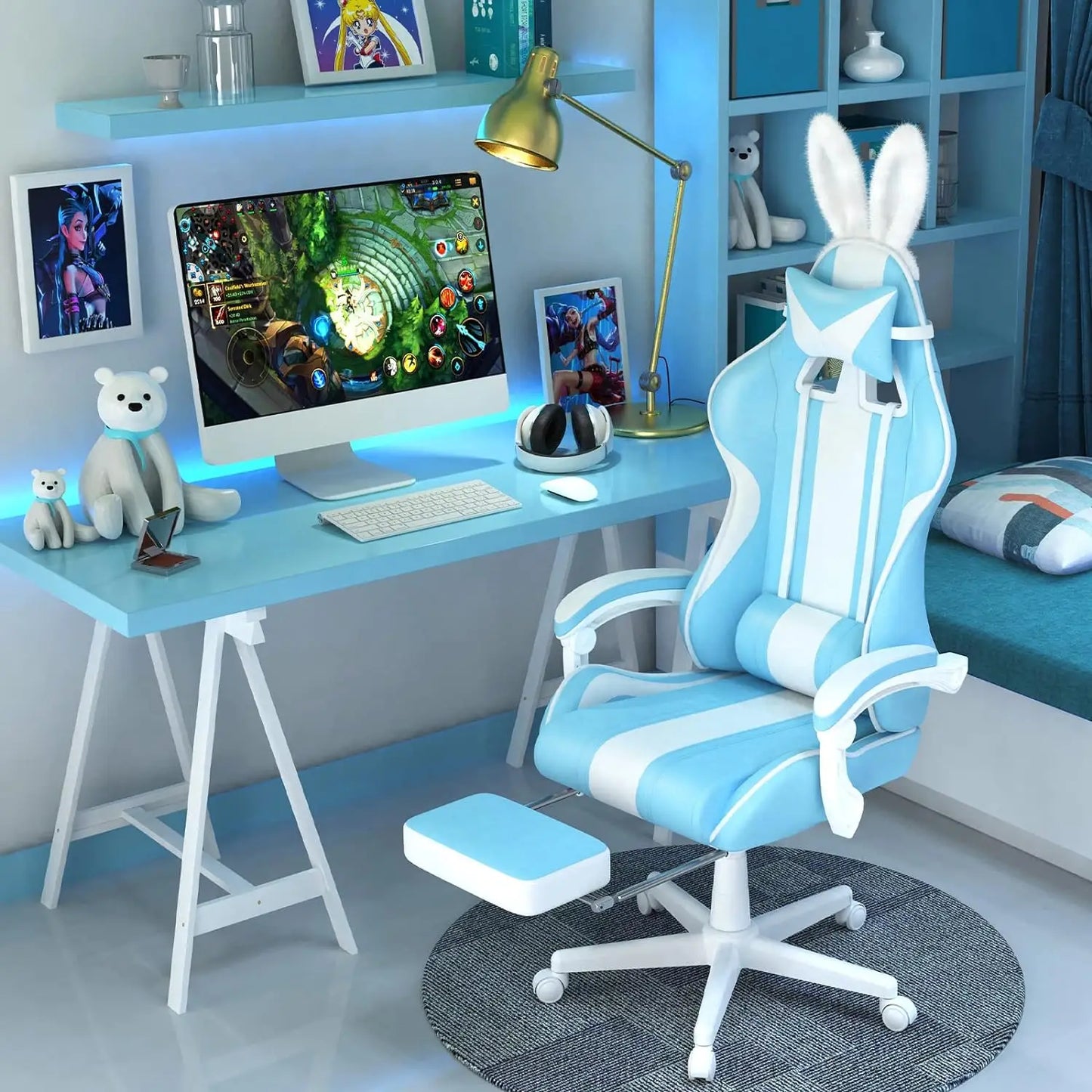 Kawaii Gaming Chair with Bunny Ears, with Footrest and Massage