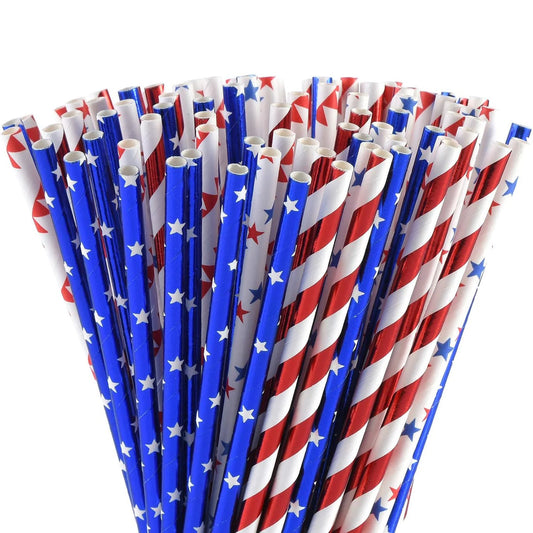 American Flag Paper Straws | 100-Pack Red, White & Blue for 4th of July & Patriotic Parties