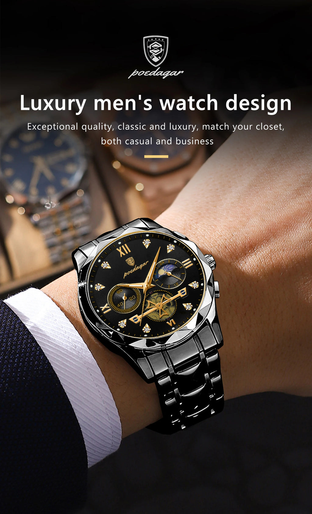 POEDAGAR 996 Men's Business Chronograph Watch – Stainless Steel Luminous | The Party Days | The Party Days