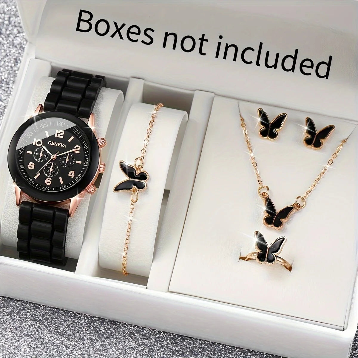 Women's 5-6 Piece Jewelry Set – Butterfly Quartz Watch + Earrings + Necklace + Bracelet + Ring | The Party Days | The Party Days