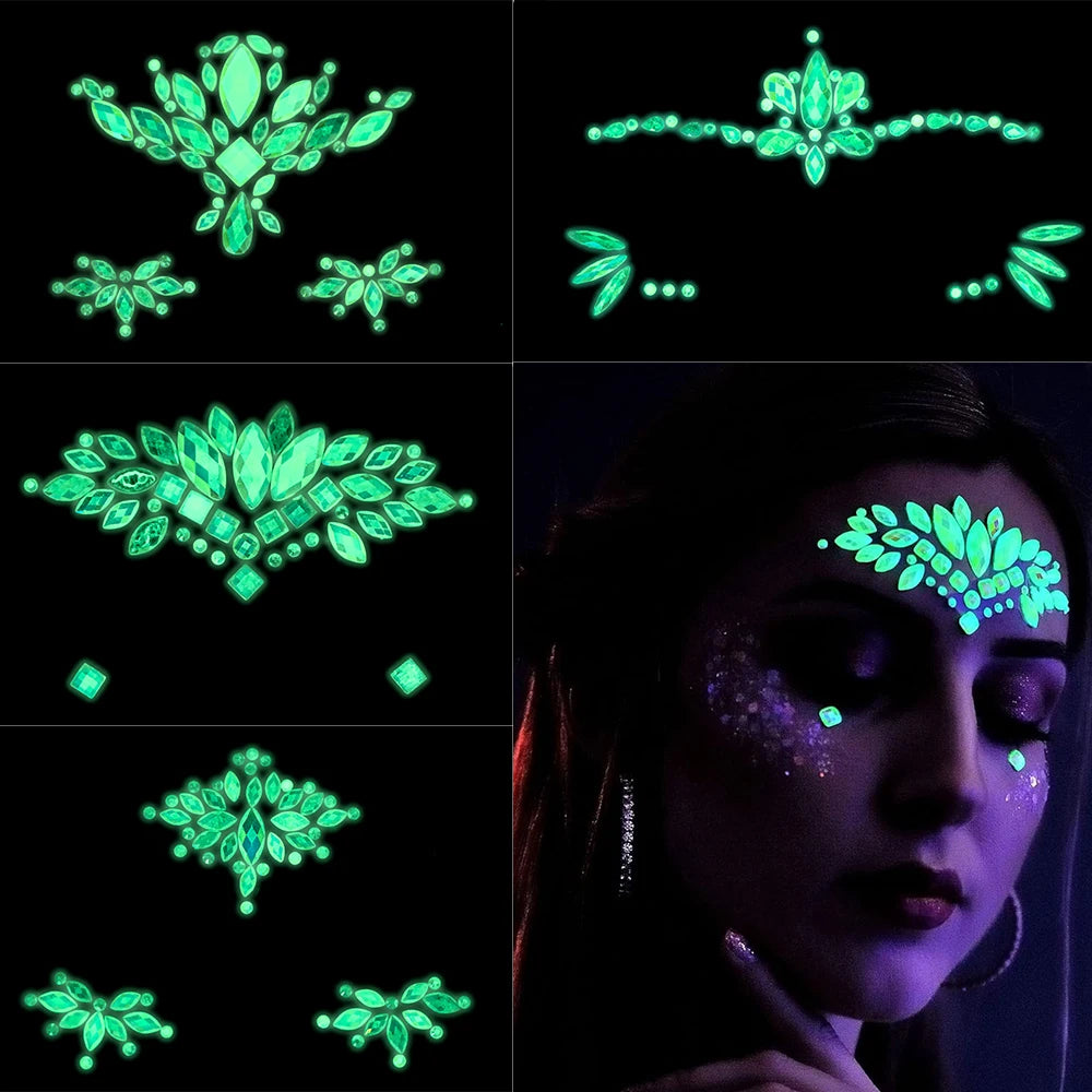 3D Diamond Luminous Face Jewel Stickers – Glitter Rhinestone Temporary Tattoos – The Party Days | The Party Days