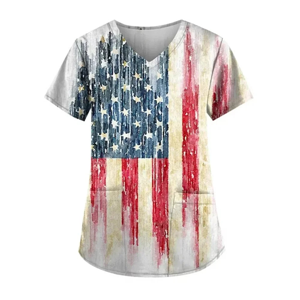 Women's 4th of July Patriotic Scrub Top – V-Neck 3D Print Independence Day Uniform Tee – The Party Days | The Party Days