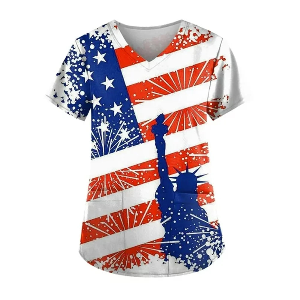 Women's 4th of July Patriotic Scrub Top – V-Neck 3D Print Independence Day Uniform Tee – The Party Days | The Party Days