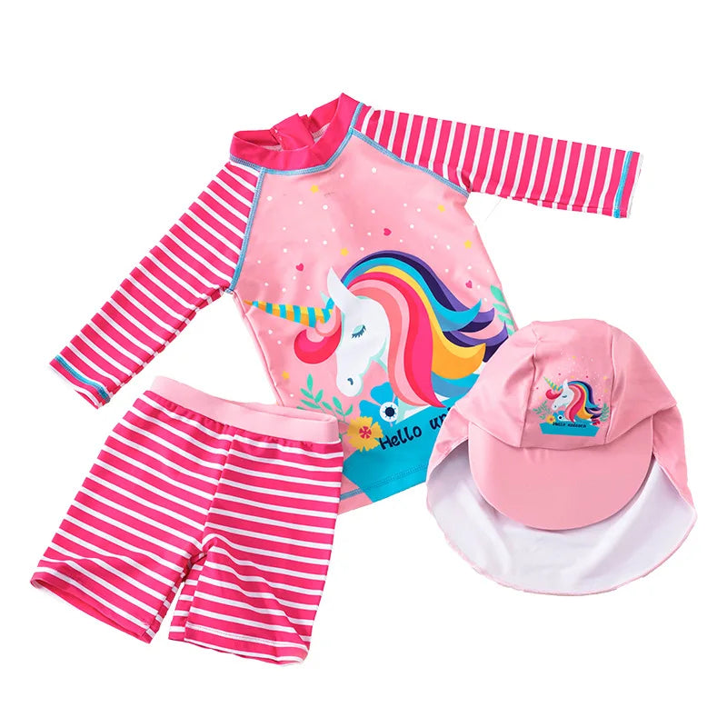 Unicorn 3-Piece Swimsuit Set for Girls | Long Sleeve + Shorts + Cap | The Party Days | The Party Days